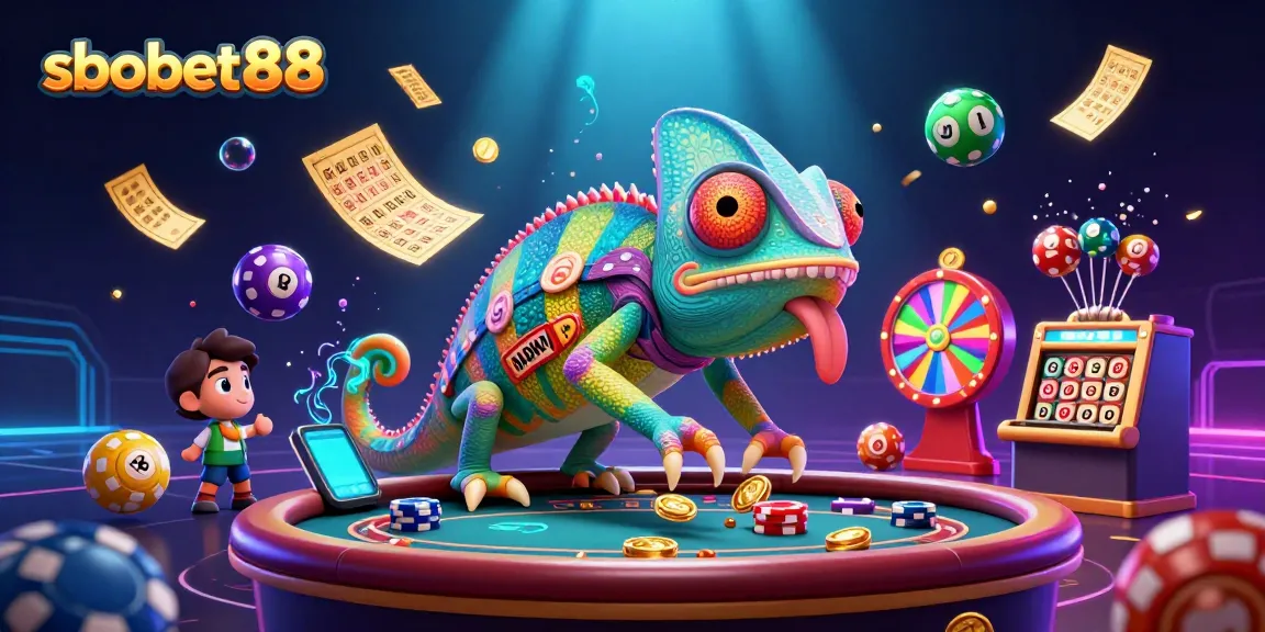 Engage with sbobet88's vibrant casino gaming scene featuring a colorful chameleon casino owner.