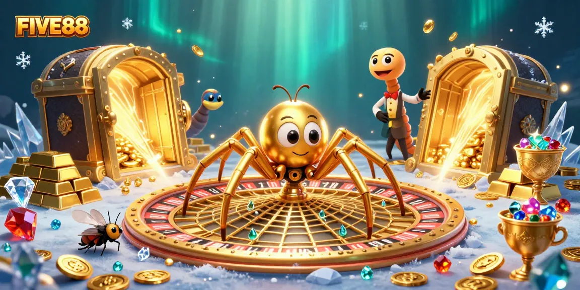 Experience the thrilling bets at FIVE88 with a cartoon scene featuring golden spider and treasures.