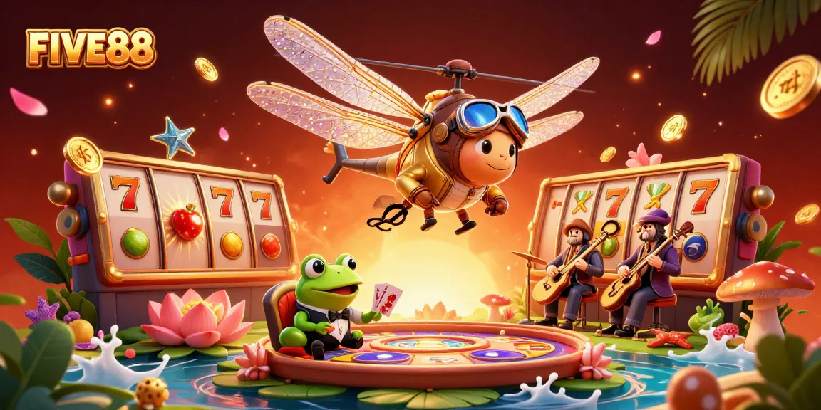 Experience thrilling gaming at FIVE88 with a vibrant 3D casino scene featuring exciting slot elements.
