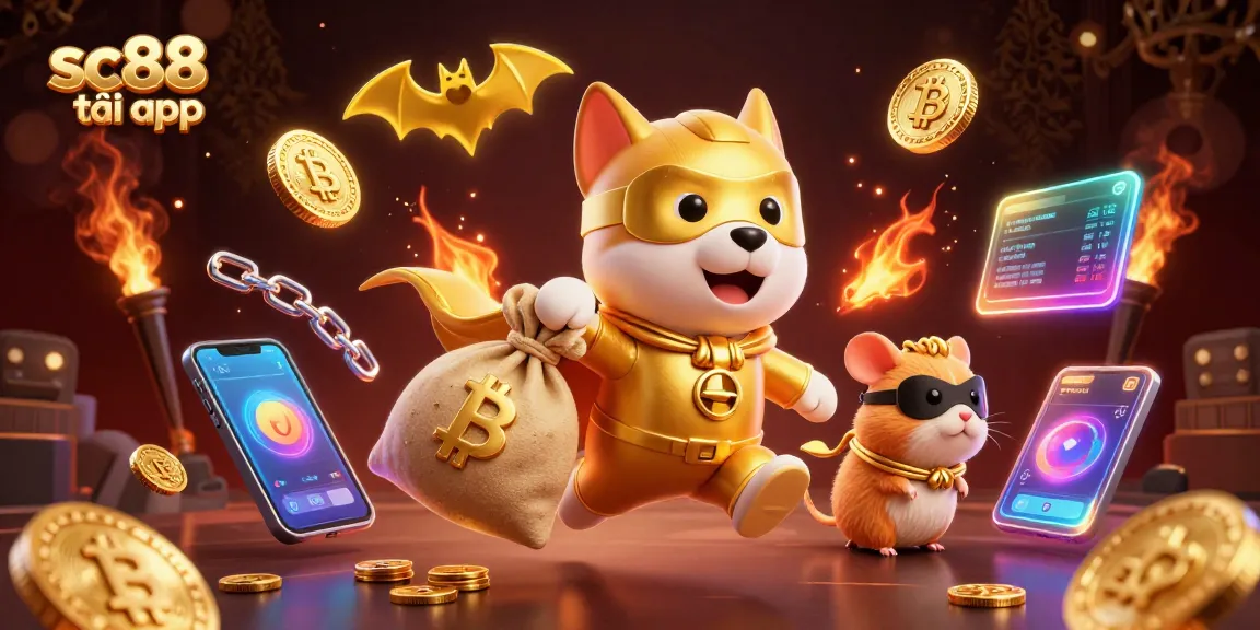 Experience the thrill of SC88 tải app as our superhero dog soars above shining casino treasures.