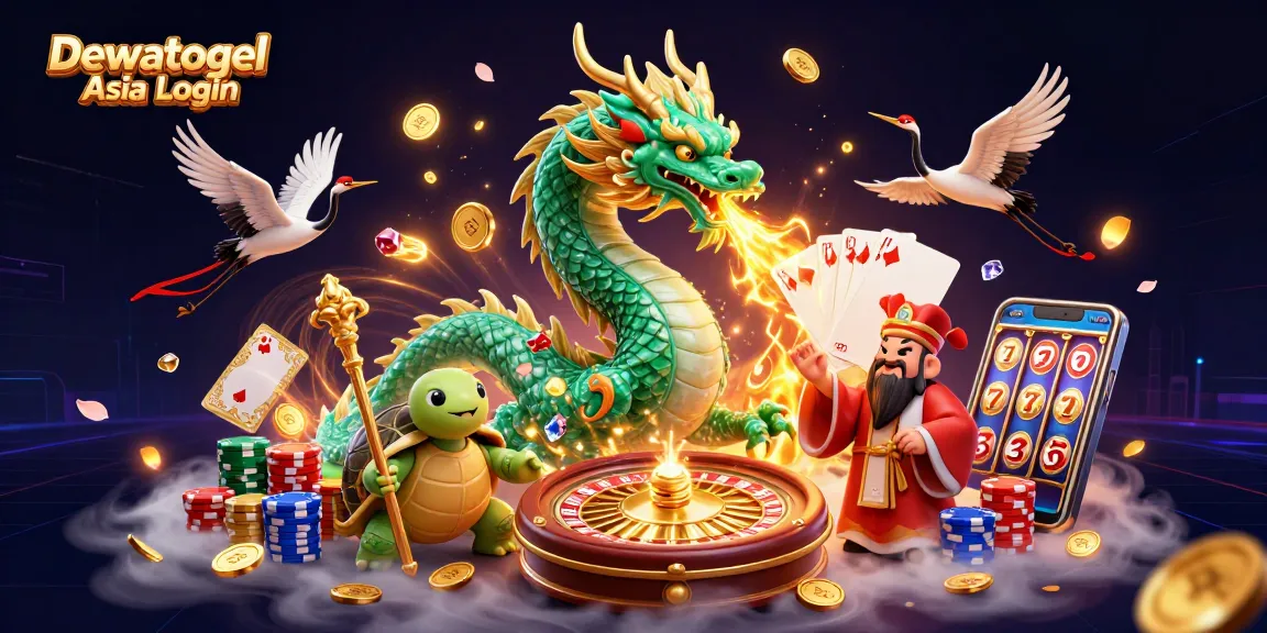 Dewatogel Asia Login showcases a dynamic illustration with a jade dragon, turtle sage, and lucky cranes in action.
