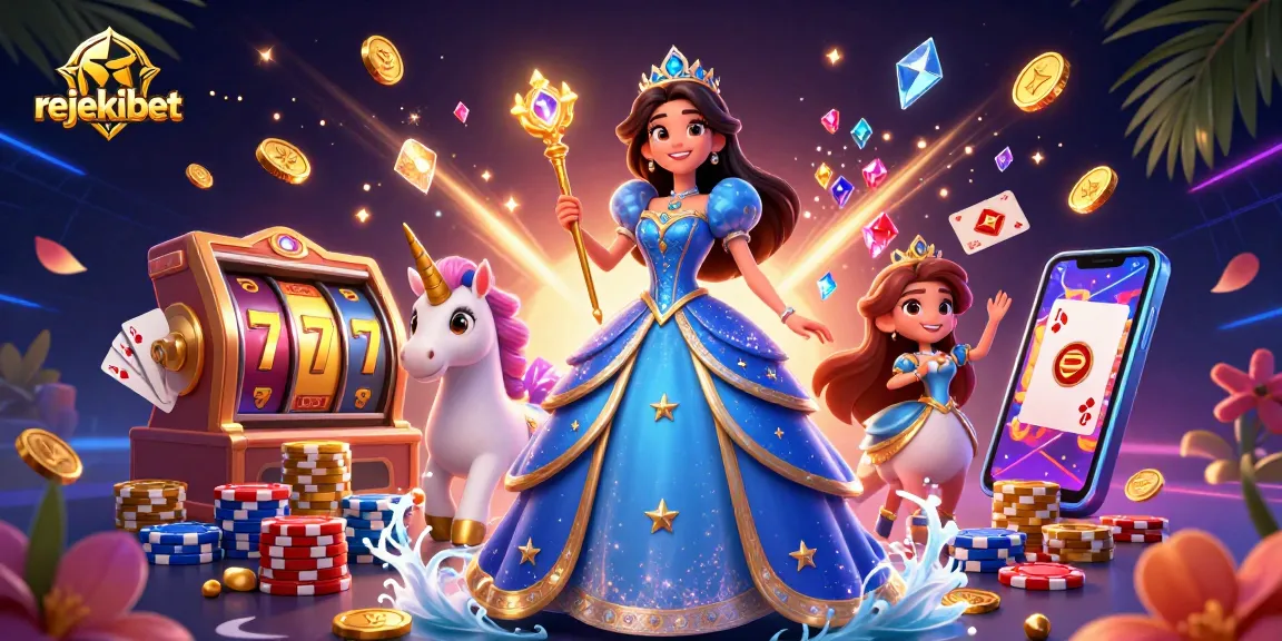 Experience rejekibet's thrilling slot games showcasing vibrant reels and royal flush cards amidst cascading coins.
