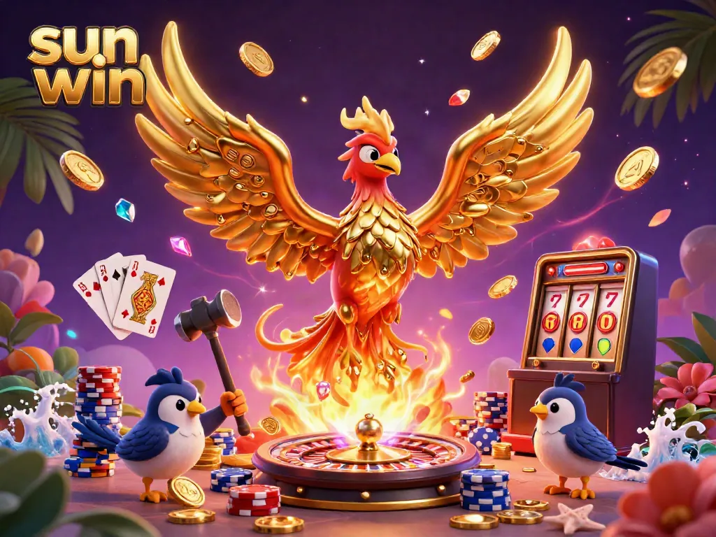 Experience thrilling gaming dynamics with sun win featuring a molten golden phoenix amidst rich casino elements.