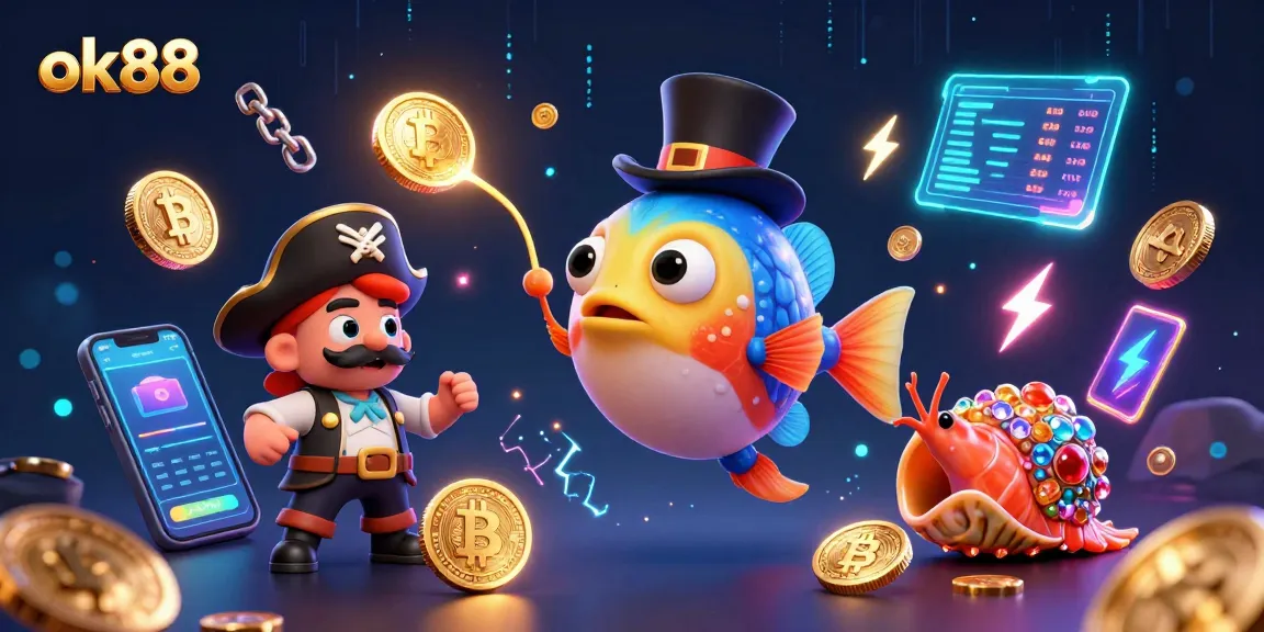 Engage with ok88's thrilling theme as an anglerfish and friends attract crypto rewards in this 3D illustration.