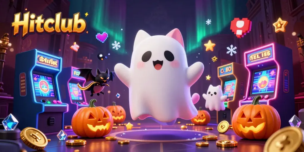 Hitclub features a friendly ghost cat and a bat in a haunted casino, surrounded by game machines.