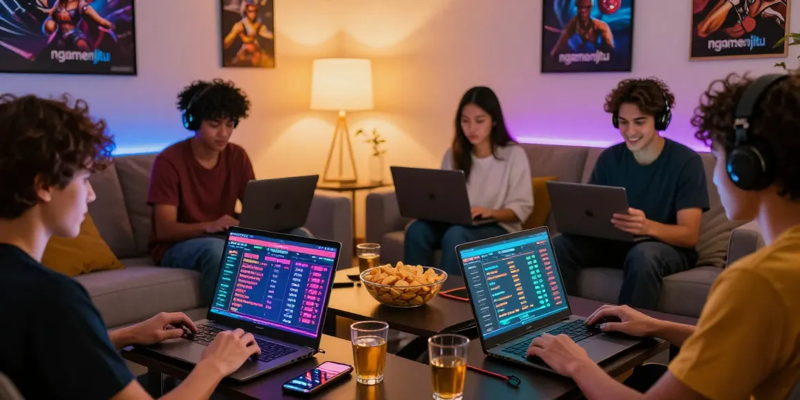 Engaged players enjoying ngamenjitu online betting experience in a lively home setting.