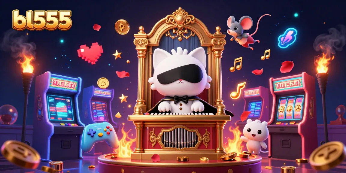 Experience thrilling gaming at bl555 with a captivating casino illustration featuring a white cat and dynamic gaming elements.