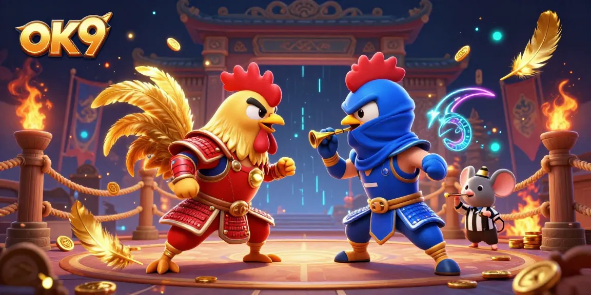 ok9 presents twin roosters in a dramatic gambling showdown amidst golden feathers and coins