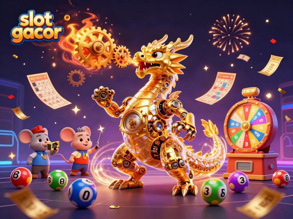 Experience the excitement of slot gacor with a vibrant 3D scene featuring a golden dragon amidst colorful gaming elements.