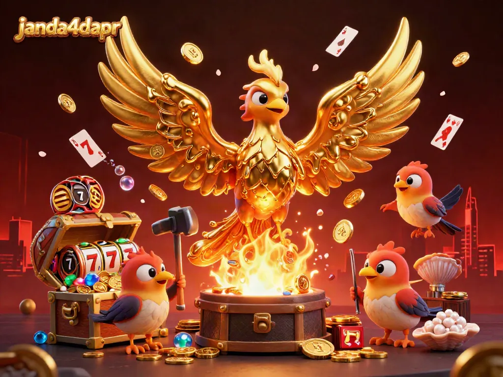 janda4dapr menghadirkan phoenix emas dan elemen kasino dalam ilustrasi 3D yang menarik.