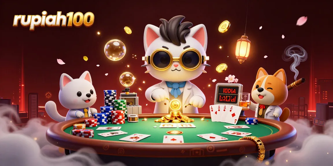 Experience vibrant casino action with rupiah100 as golden bubbles and poker chips fill the scene.