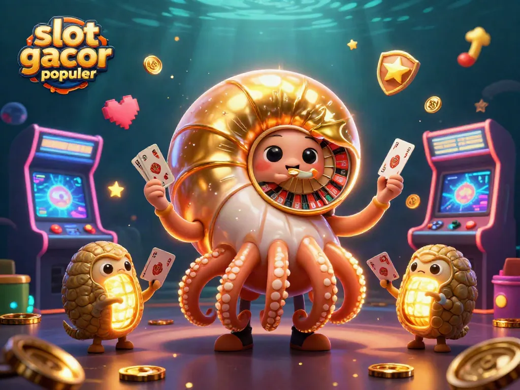 Slot gacor paling populer tampil menakjubkan dalam ilustrasi 3D penuh warna dengan mesin permainan arcade di sekitarnya.