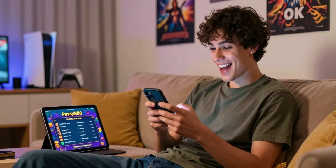 Download Pussy888: Excited gamer enjoying the mobile app in a cozy living room.