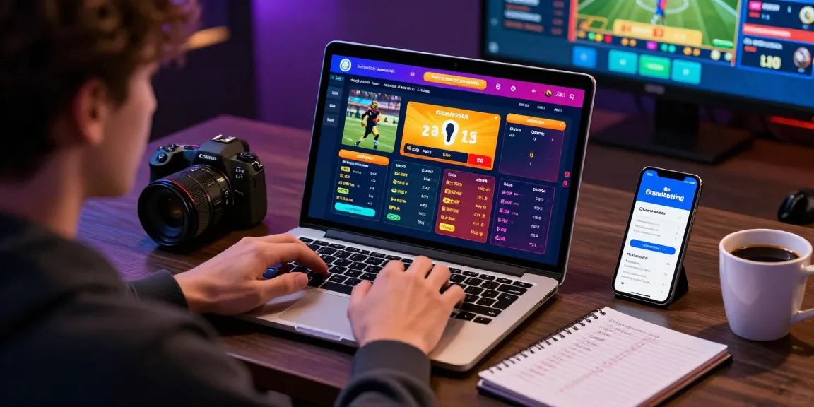 Grandbetting user engaged in online betting with laptop and smartphone, showcasing dynamic gaming environment.