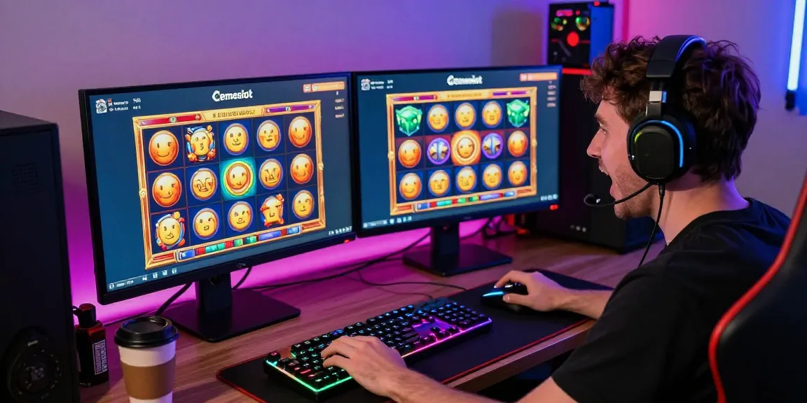 Exciting gaming moment with Link Alternatif Cemeslot featured on dual monitors and vibrant atmosphere.
