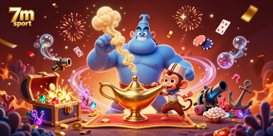 Experience the excitement of 7m sport with a dynamic cartoon scene featuring a genie, monkey, and magic carpet.
