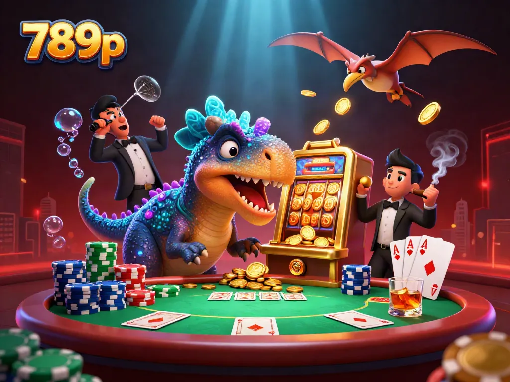 Experience the thrill of 789p with a colorful casino scene featuring dinosaurs and a jackpot payout.