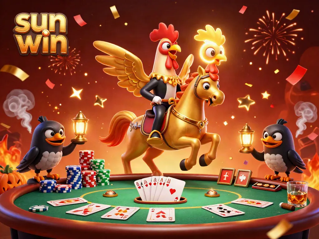 Experience the excitement at sun win with golden rooster characters in a vibrant midnight casino.