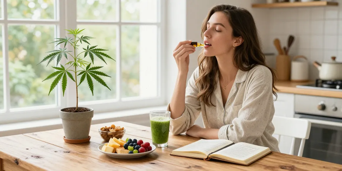 What is the legal vaping age in Cyprus? - Woman enjoying CBD oil in a bright kitchen wellness routine, surrounded by healthy breakfast items.