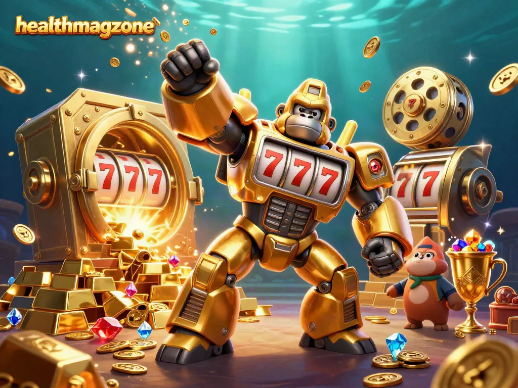 Gorilla robot tampak beraksi di JANDA4D dengan mesin slot bersinar, memberikan pengalaman perjudian yang memukau.