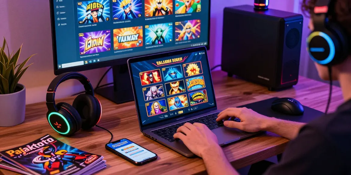 Pajaktoto player enjoying online slot games in a cozy gaming setup with vibrant decorations.