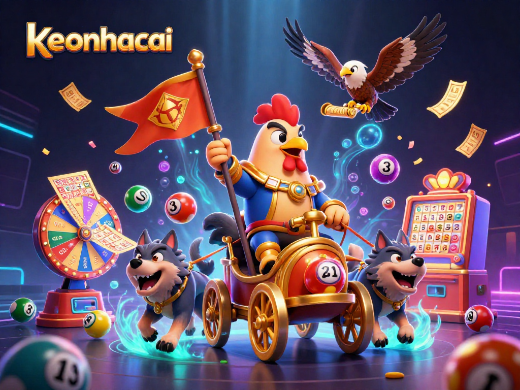 Experience keonhacai excitement with a vibrant 3D illustration of dynamic lottery and gaming elements.