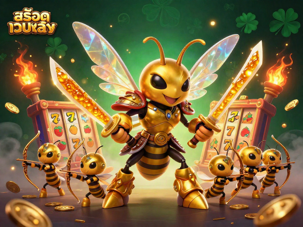 Spin the thrilling สล็อตเว็บตรง slots with a vibrant animated illustration of a giant hornet and lucky symbols.