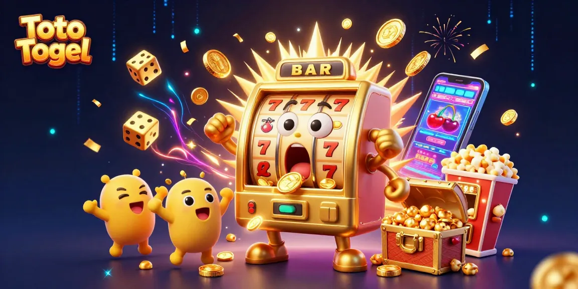 Menangkan Toto Togel dengan mesin slot emas ceria mengeluarkan koin dan simbol keberuntungan.