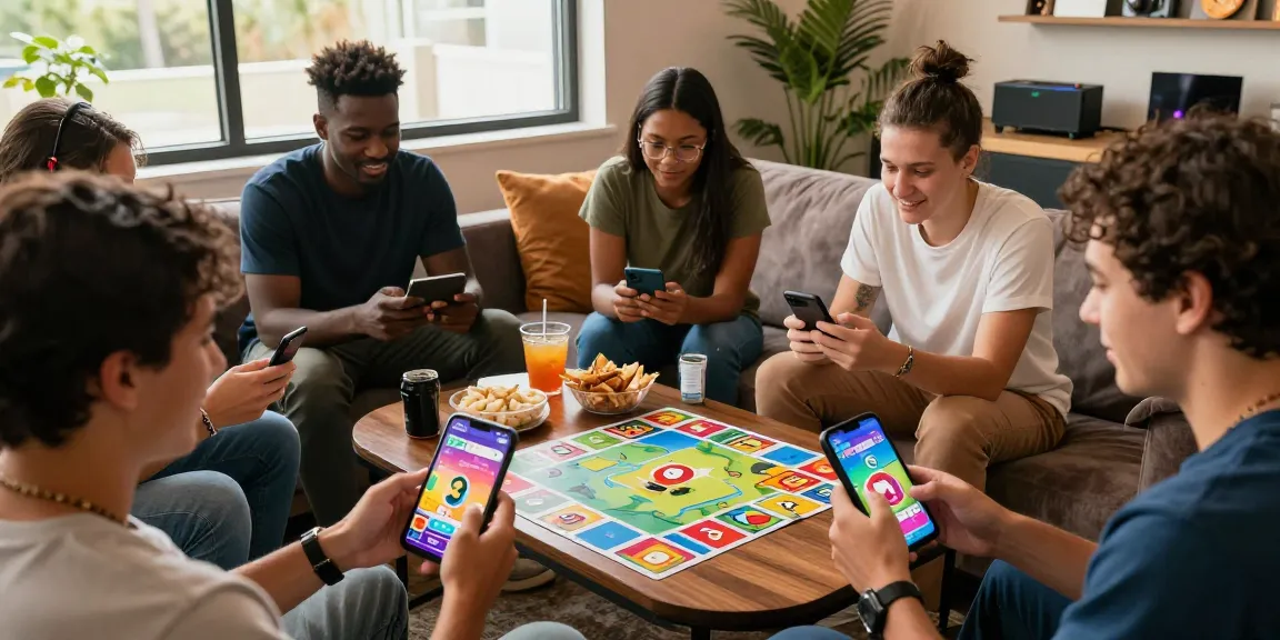 Friends enjoying the new app Card Rummy in a cozy gaming space, showcasing vibrant screens and engaging interaction.