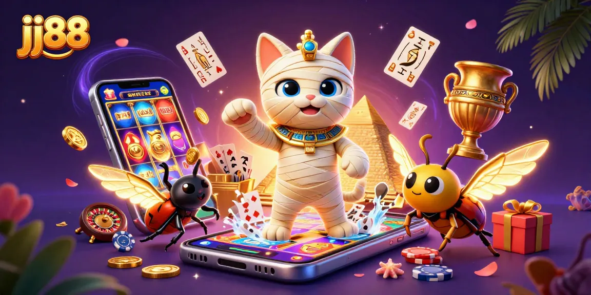 Win big at jj88 with a vibrant scene of a mummy cat in a casino, showcasing exciting slot games.
