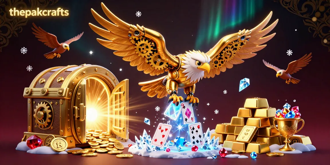 Thepakcrafts showcases a golden eagle amidst casino elements and gems, diving through holographic cards.