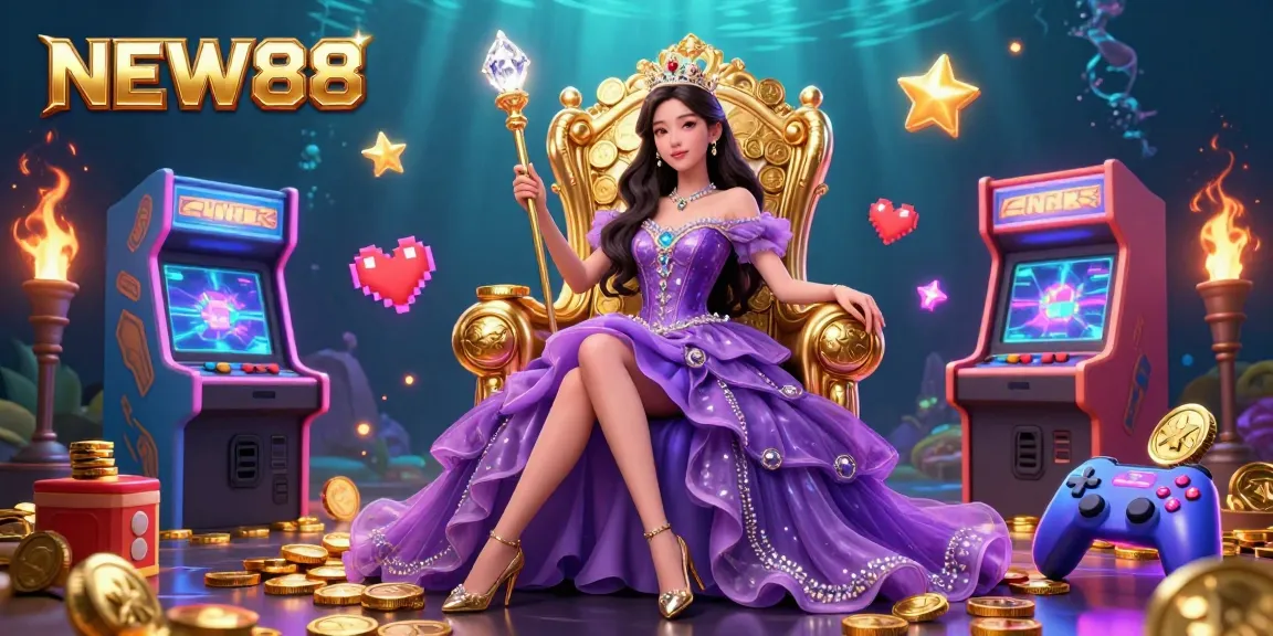 Experience thrilling gameplay at NEW88 with a stunning casino-themed illustration featuring diverse game elements.