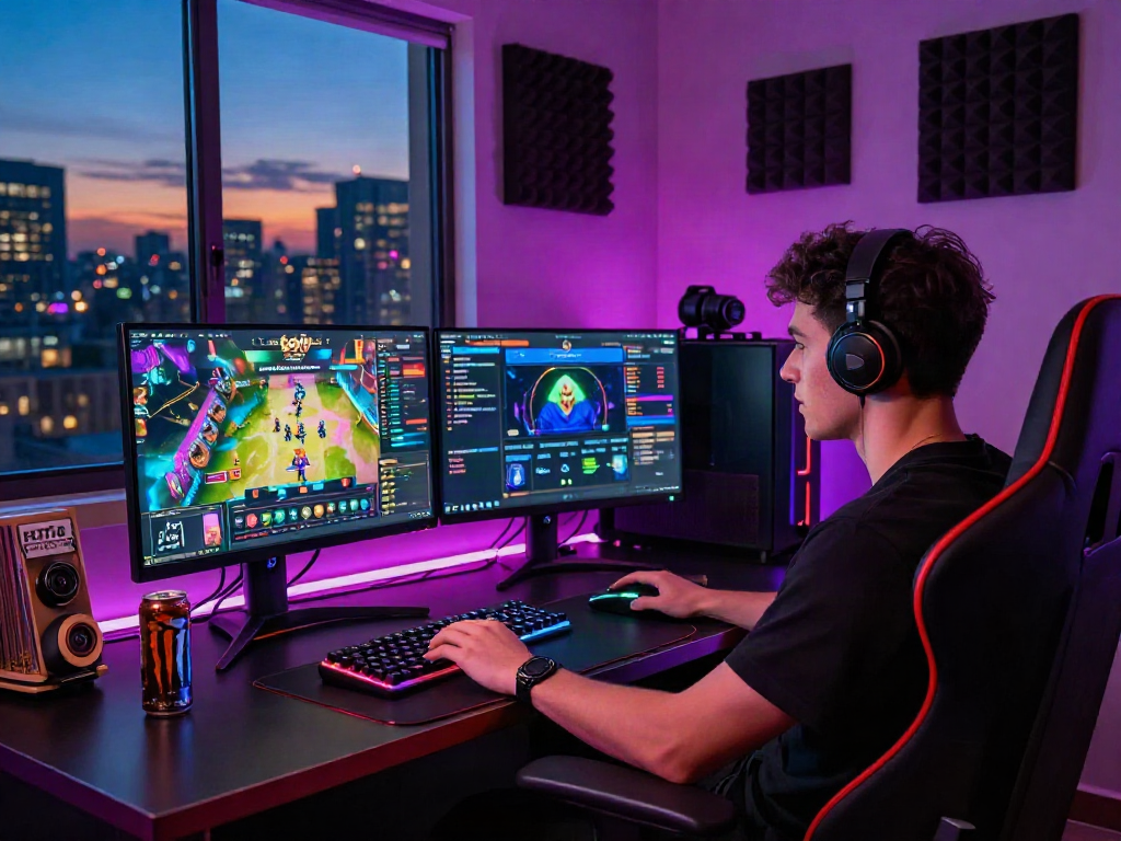 Gamers engaging with slot94 interface, vibrant setup featuring gaming monitors, RGB lights, and memorabilia.