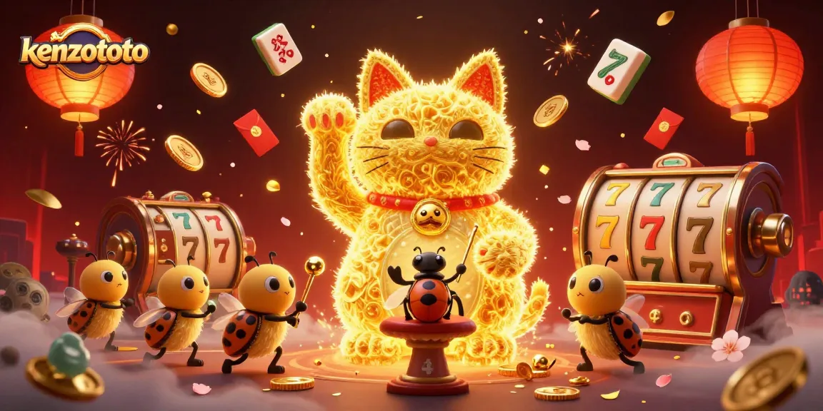 Kenzototo players enjoy a vibrant casino experience with golden fireflies, jackpot symbols, and festive elements.