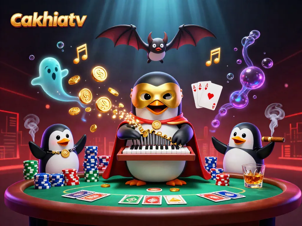 Experience the thrilling magic of cakhiatv with a lively 3D scene of a penguin playing an organ surrounded by poker elements.
