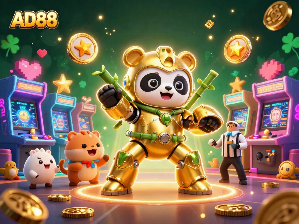 Experience thrilling gameplay in the AD88 casino arena with our vibrant cartoon mech-suit characters and arcade elements.