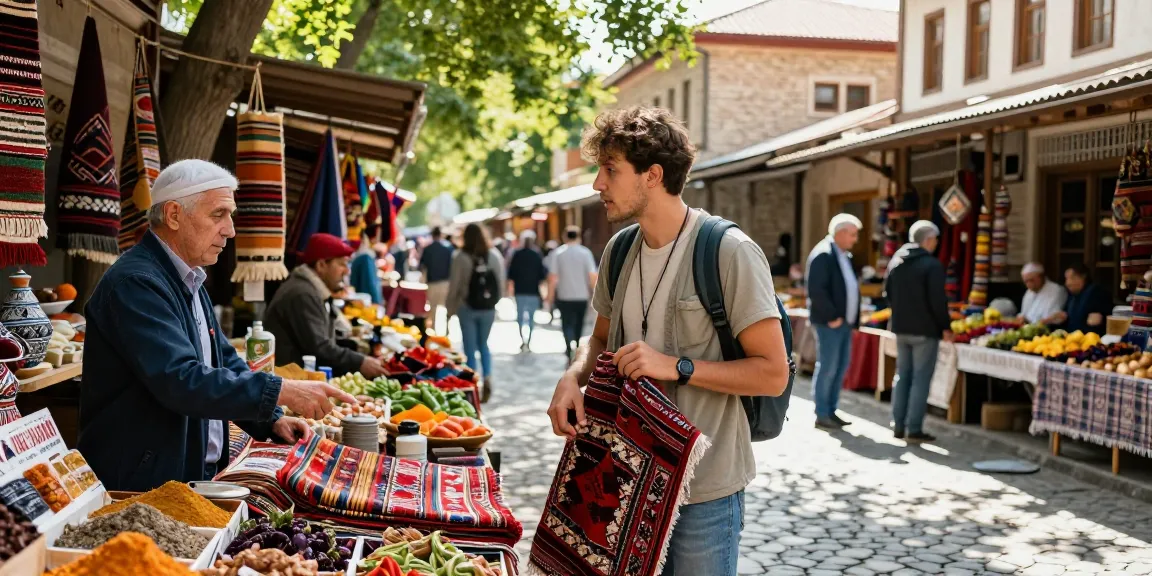 Vibrant market scene in Georgia with traveler and local vendor, xgeorgia cultural exploration.