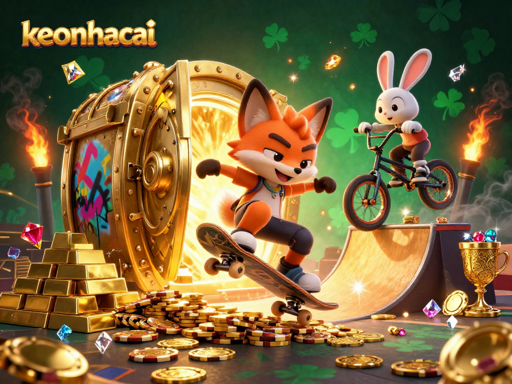 Experience the thrill of keonhacai as a fox performs a kickflip over golden poker chips amidst dazzling casino treasures.