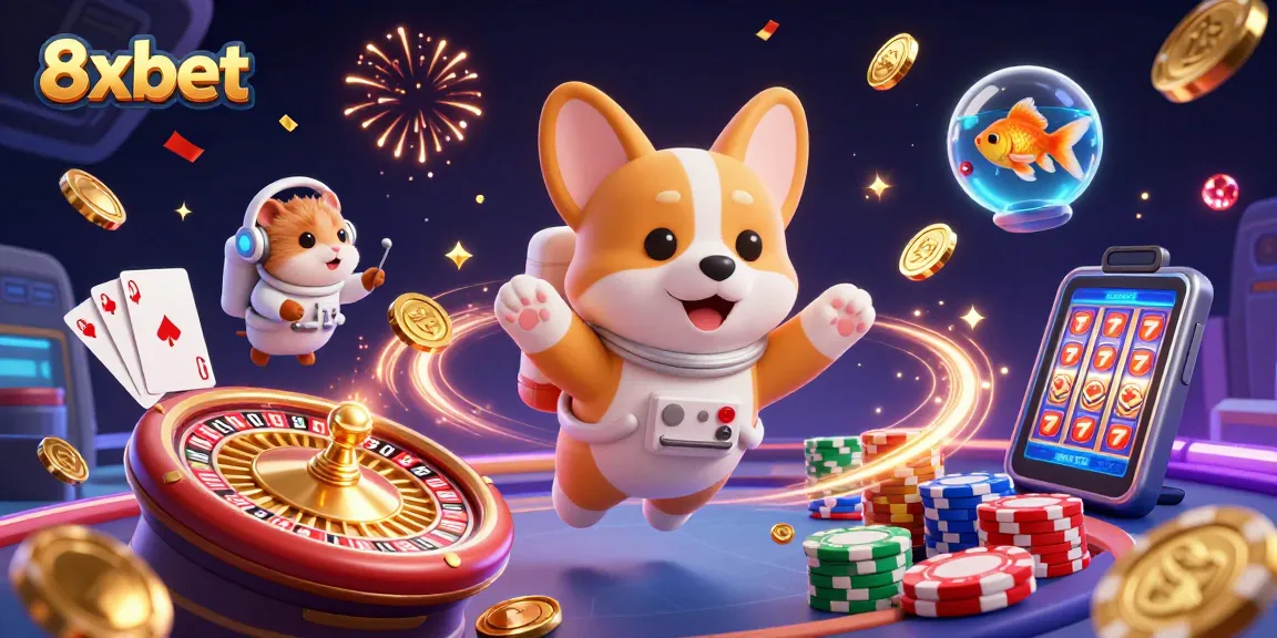 8xbet gamblers enjoying dynamic gameplay in a vibrant space station casino scene.