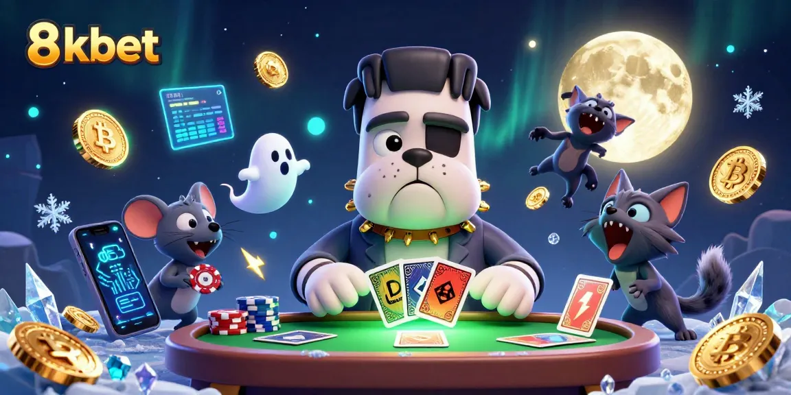 Engage with 8kbet's thrilling gaming experience featuring a Frankenstein bulldog dealer and festive gaming elements.