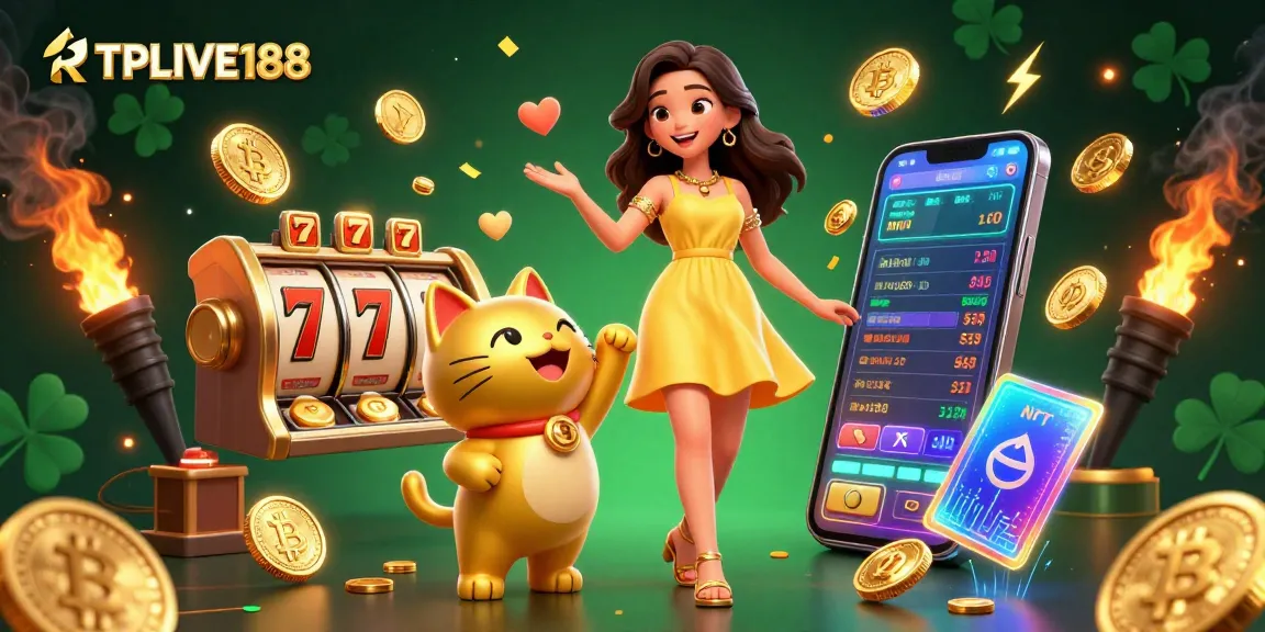 Putar gulungan dengan pemandangan slot cerah dari RTPLIVE188 yang menampilkan jimat keberuntungan emas dan token crypto.