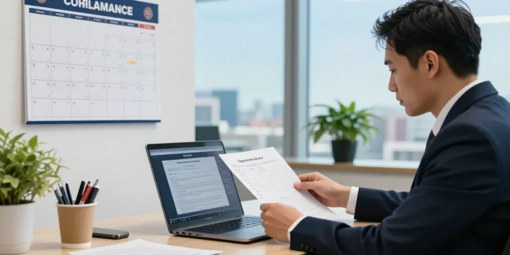 Legal gaming operator manager reviewing operator licenses for OperatoriuGidas compliance in professional office environment.