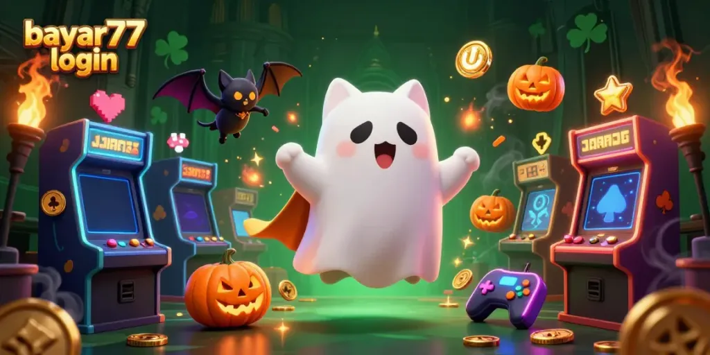 Experience seamless gaming with bayar77 login amid a vibrant haunted casino scene featuring iconic characters.