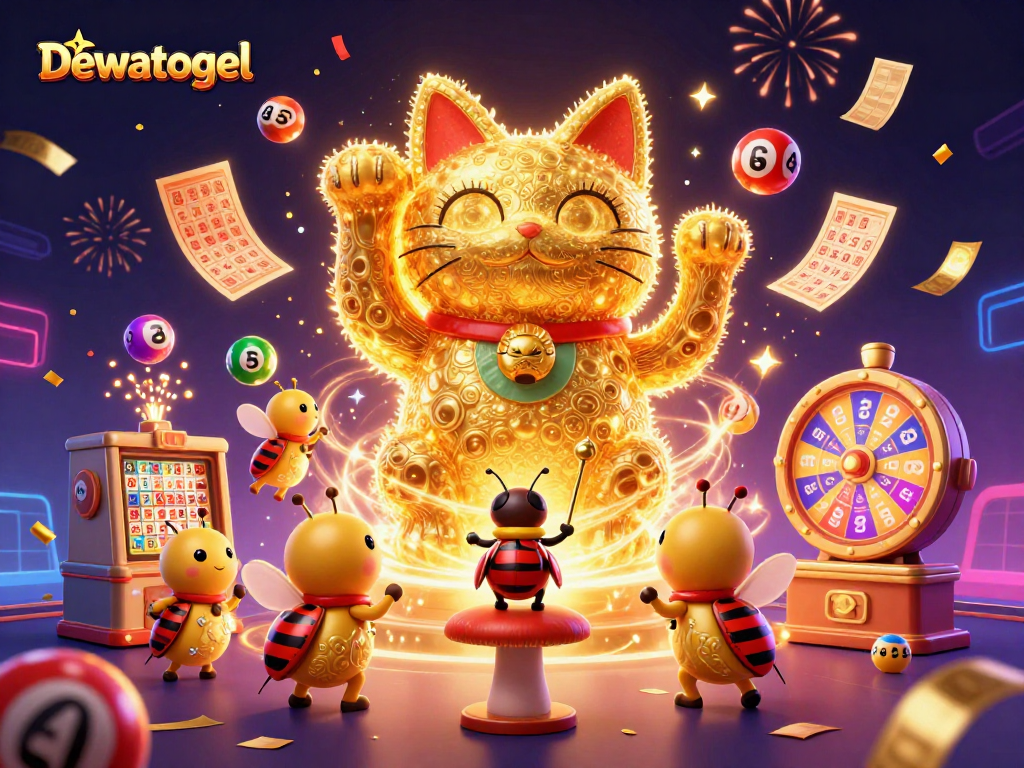 Dewatogel menghadirkan ilustrasi 3D menarik dengan laba-laba emas yang membentuk kucing keberuntungan dalam suasana meriah.