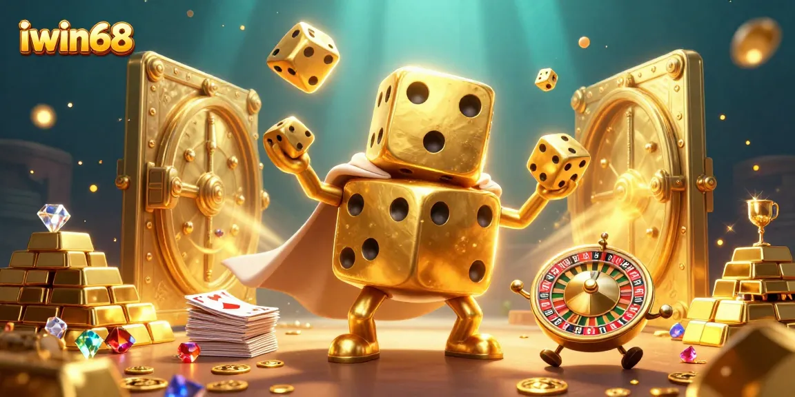 Witness the excitement of iwin68 with animated golden dice, gold treasures, and vibrant game elements in a casino scene.