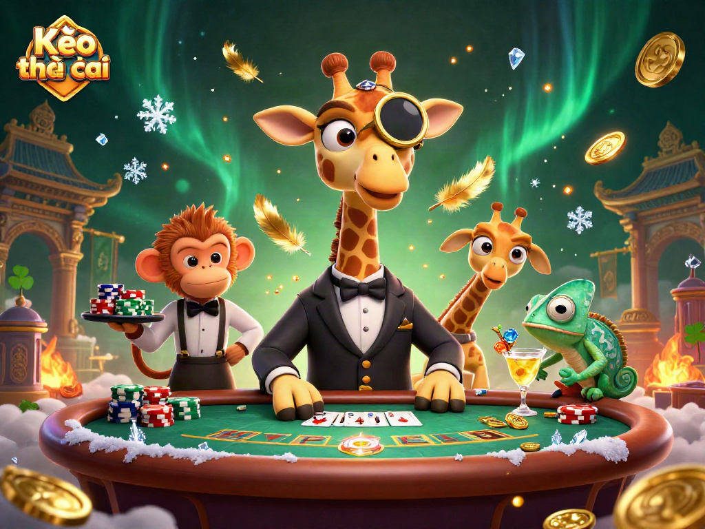 Kèo nhà cái offers exciting poker action with vibrant 3D characters at a lavish casino table.