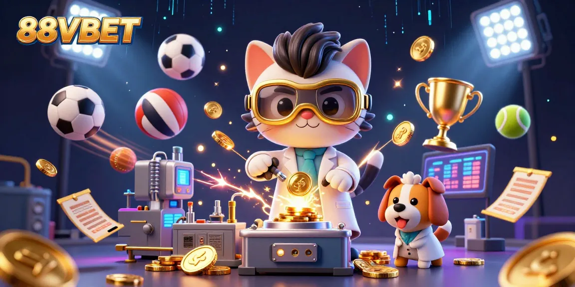 Bet on 88VBET with a mad scientist cat creating a gold-coin machine surrounded by dynamic sports elements.