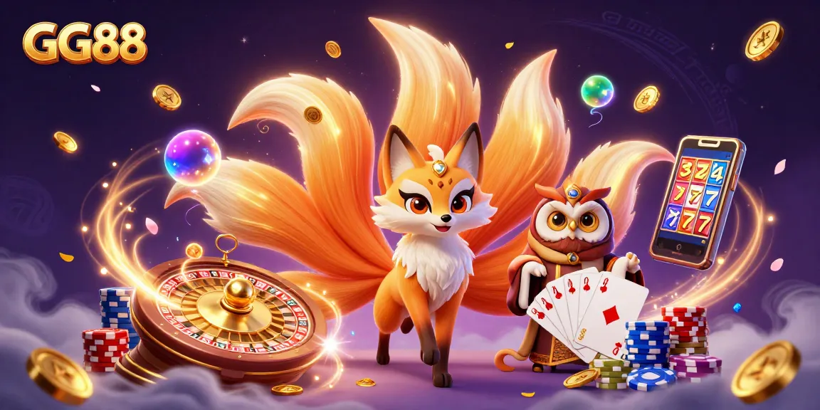 Engage with GG88's vibrant gaming world featuring a colorful nine-tailed fox and fortune elements.