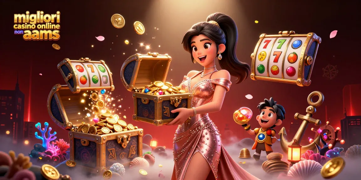 Migliori casinò online non AAMS che mostrano una donna asiatica gioiosa mentre presenta un forziere di ricchezze da casinò.