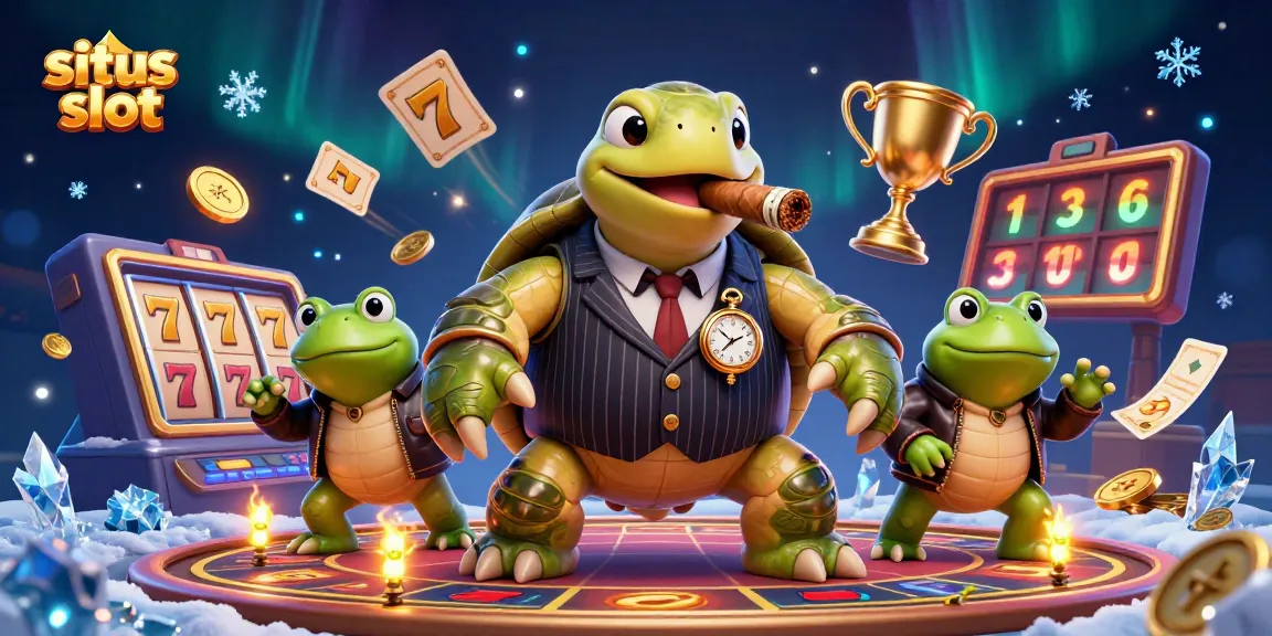 Situs slot showcases a dynamic 3D scene with a snapping turtle in a mobster suit and bullfrog enforcers, highlighting exciting gameplay elements.